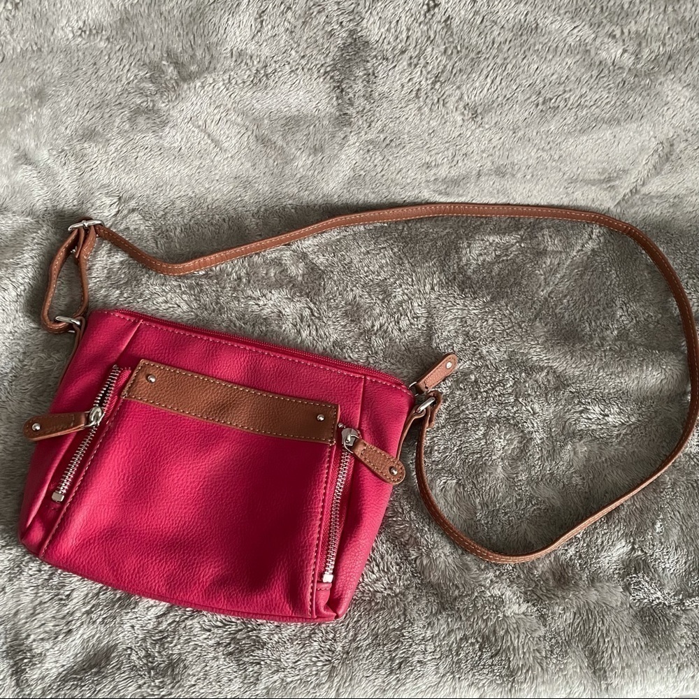 Pink Brown Crossbody Purse Multi Pocket Adjustable Strap Everyday Bag